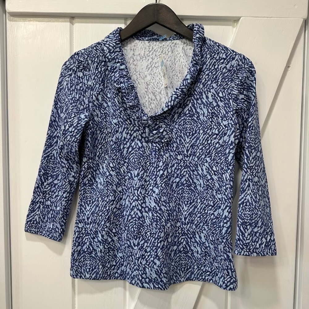 J.McLaughlin Womens Durham Top XS Blue Beatriz Spot Ruffle V-Neck 3/4 Sleeve NEW
